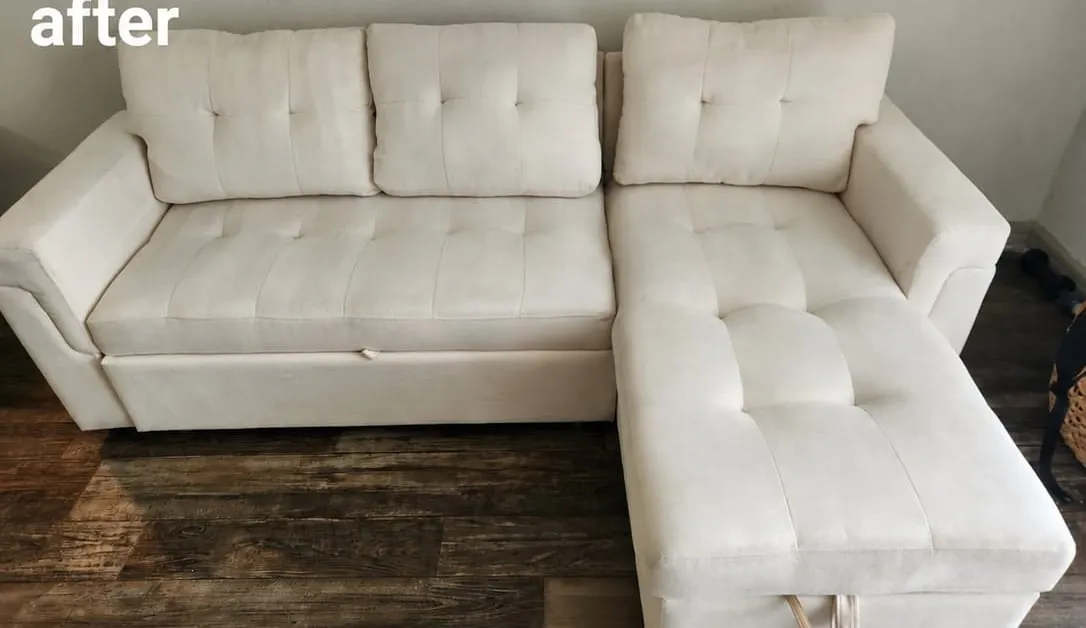 After — White sectional sofa restored from soiled to bright white