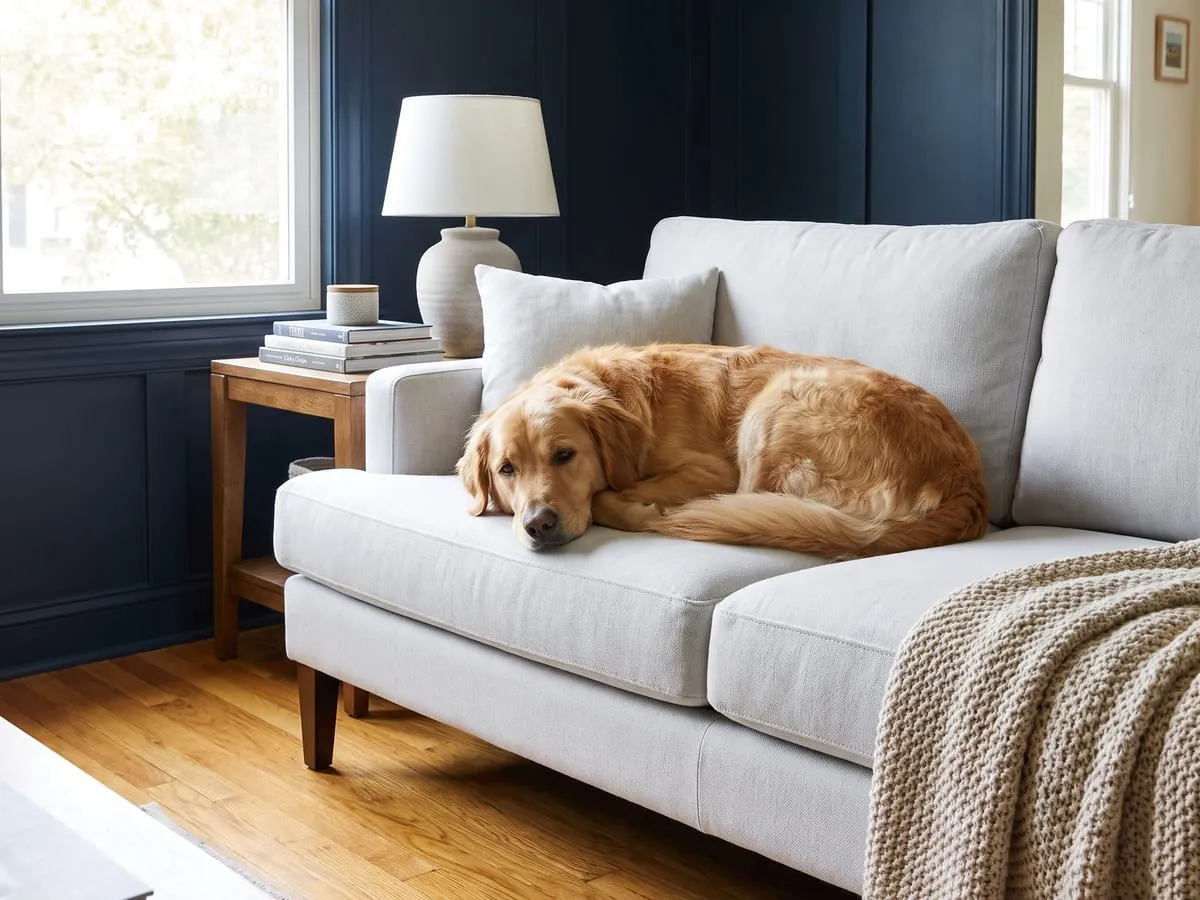 Grey sofa with pet hair before and after professional cleaning