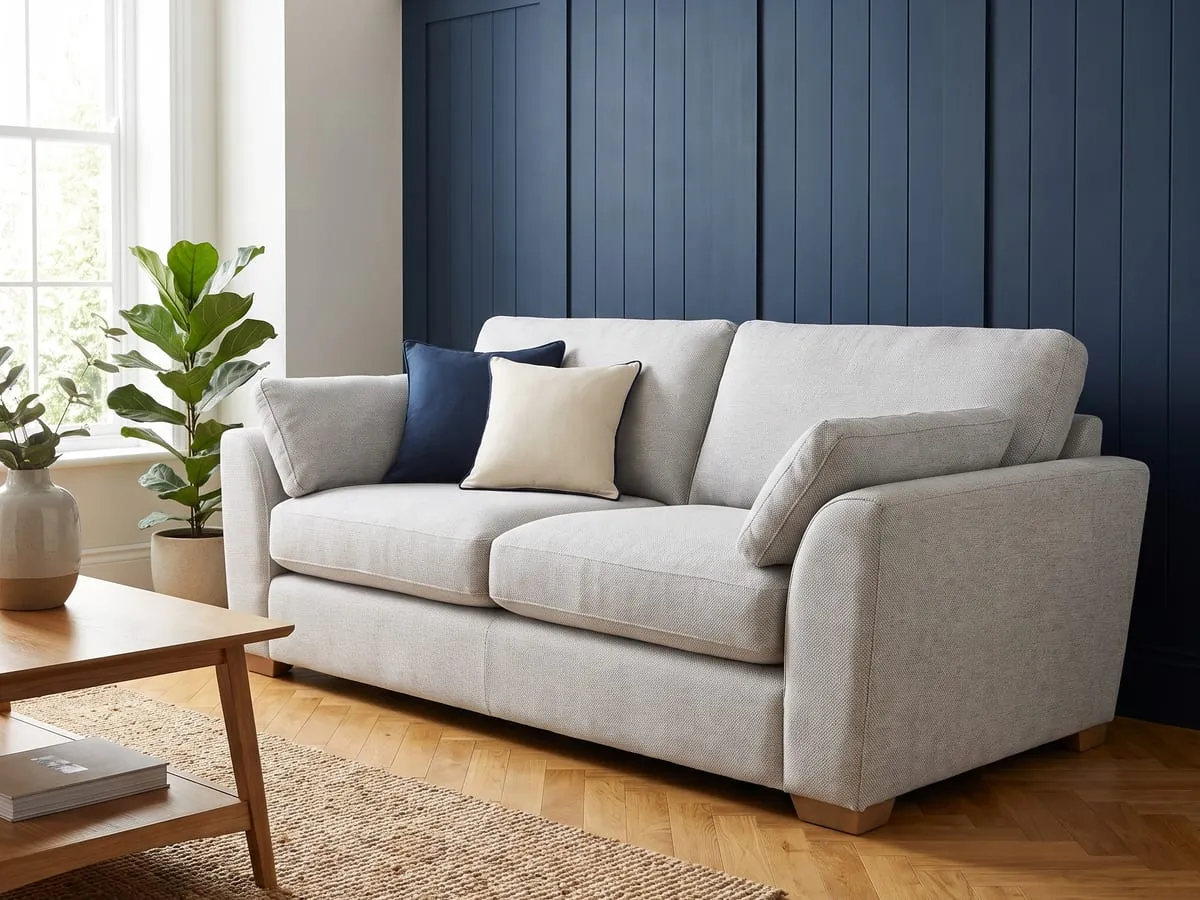 Beige fabric sectional sofa before and after professional cleaning