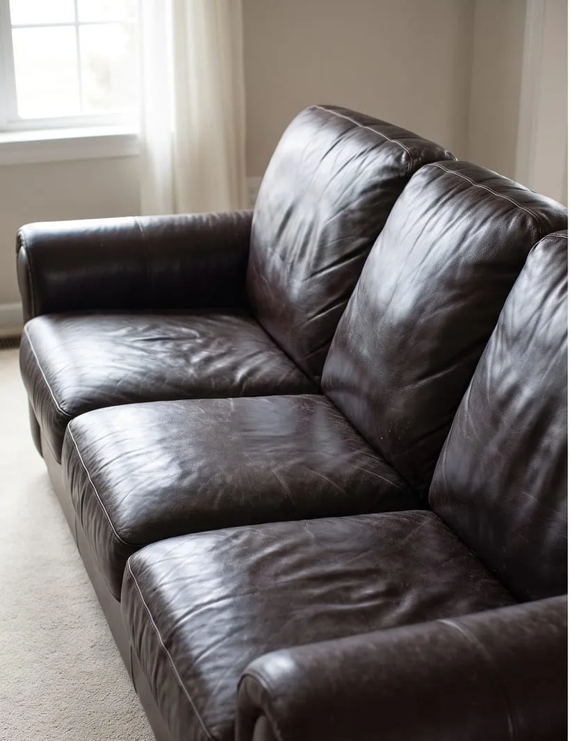 Before — Brown leather sofa cleaned and conditioned to a supple finish