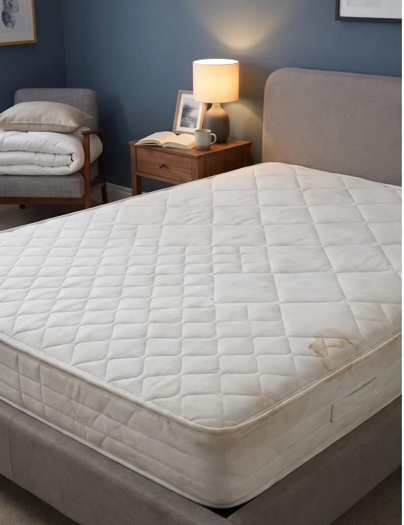 Before — Quilted mattress with stains removed after professional cleaning