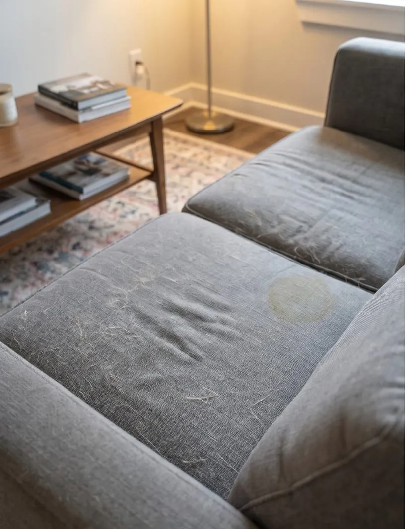 Before — Grey sofa with pet hair before and after professional cleaning