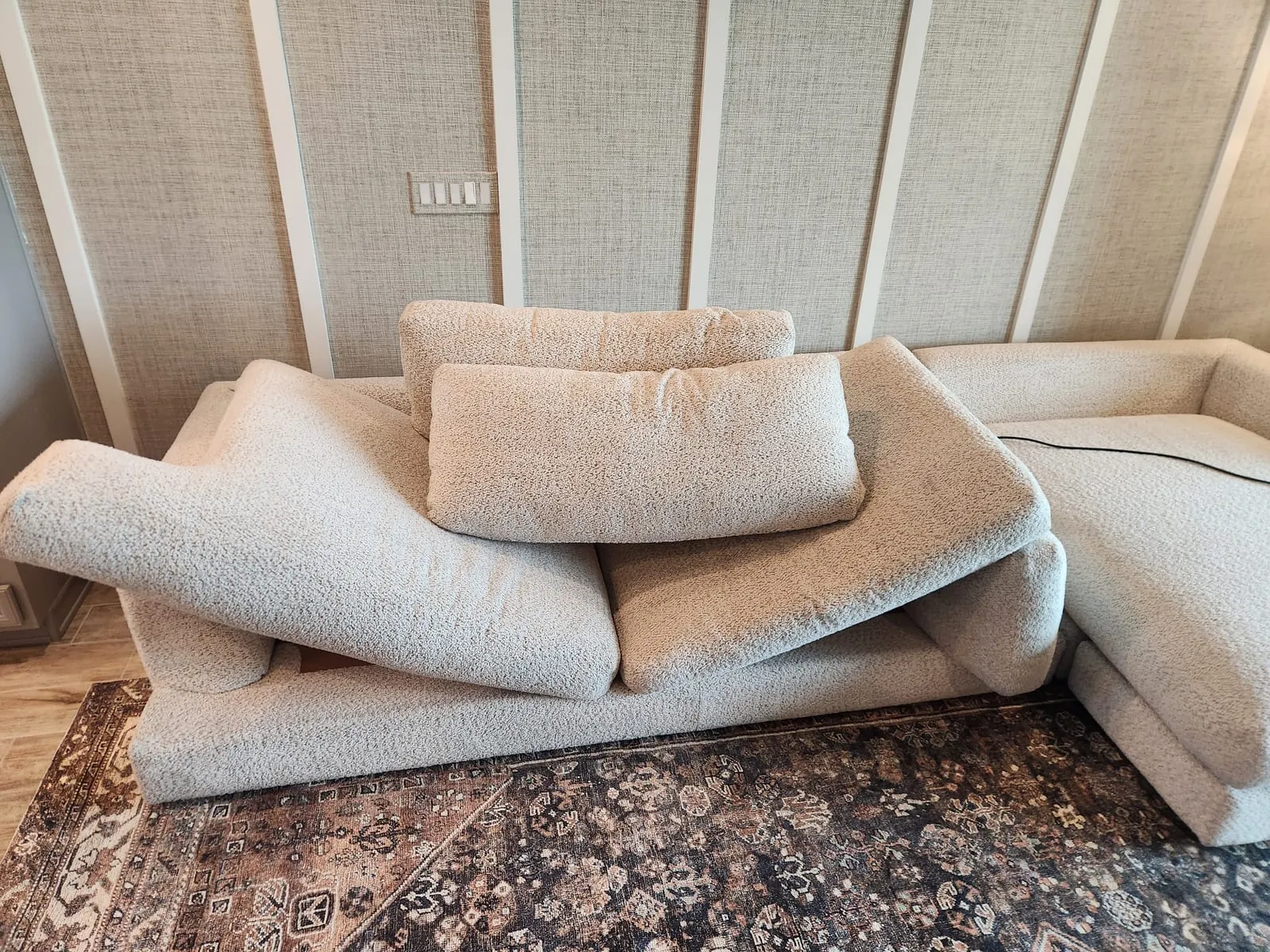 Cream boucle sofa restored to a soft, even finish