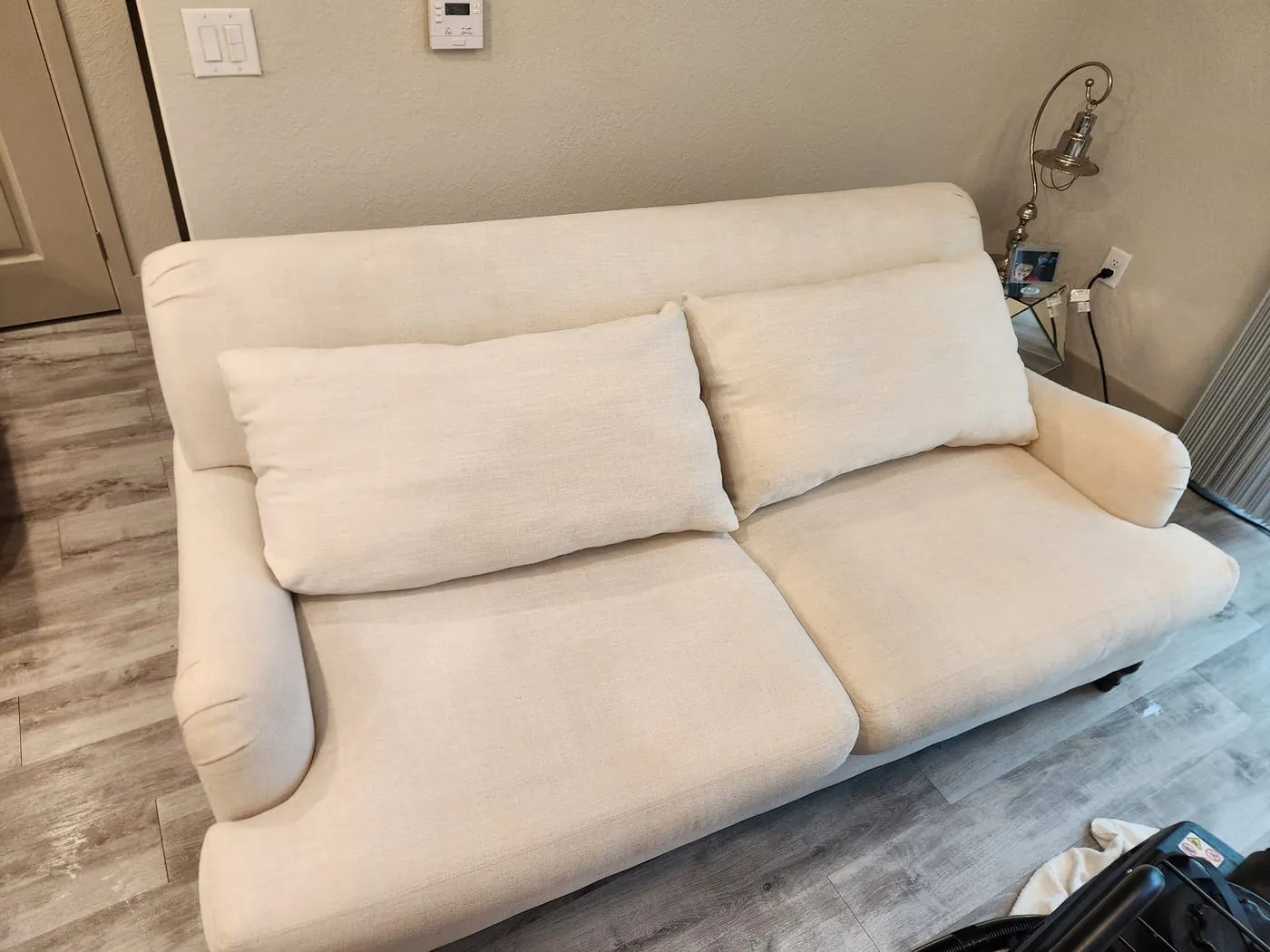 Cream fabric sofa cleaned and refreshed to like-new