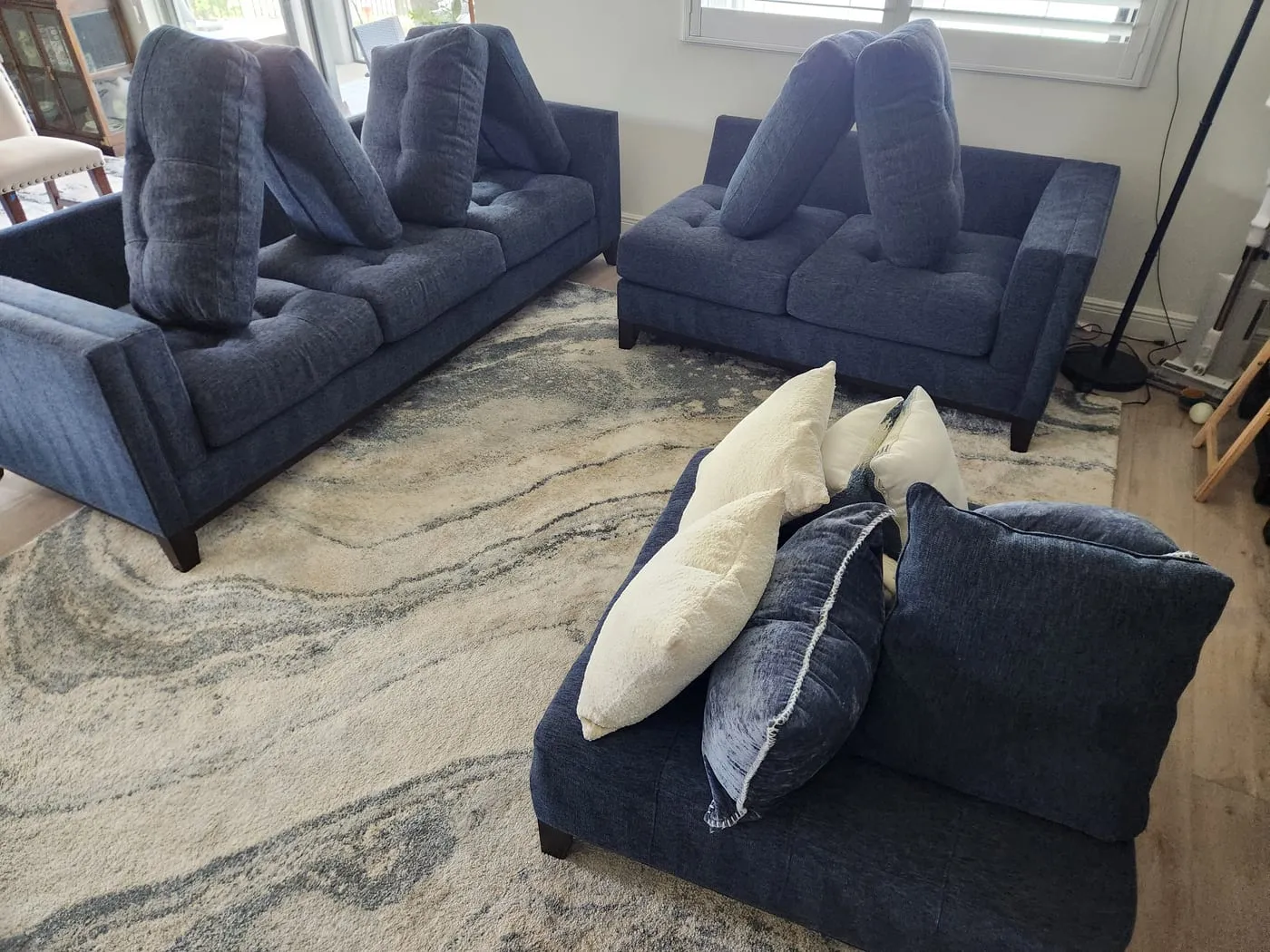 Navy fabric sofa set restored after professional cleaning